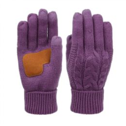 12 Bulk Ladies Cable Knit Winter Glove With Screen Touch And Suede Palm Patch In Purple