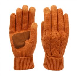 12 Wholesale Ladies Cable Knit Winter Glove With Screen Touch And Suede Palm Patch In Rust