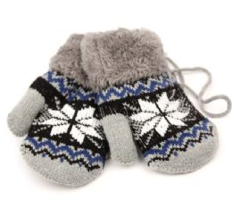 24 Wholesale Winter Knit Kids Mittens With Warm Sherpa Lining And String
