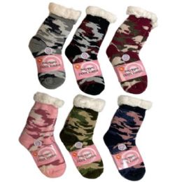 36 Units of Plush Lined Non Slip Sherpa Socks Camo Sparkle - Womens Slipper Sock