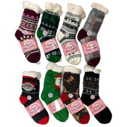 36 Pieces PlusH-Lined Non Slip Sherpa Socks Holiday Assortment - Womens Sherpa Socks