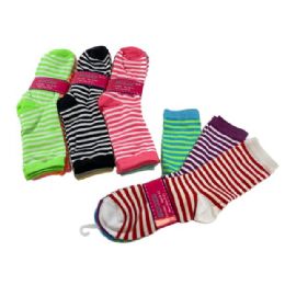 12 Wholesale 3 Pair Ladies Crew Socks Two Color Thin Stripe