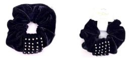 72 Pieces Black Velvet Rhinestone Scrunchies - PonyTail Holders