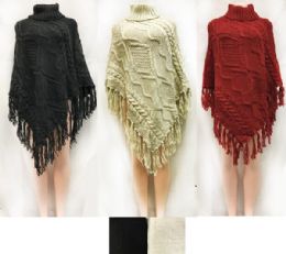 12 Wholesale Cable Knitted Turtle Neck Ponchos Assorted