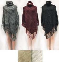 12 Wholesale Cable Knitted Turtle Neck Ponchos Assorted Colored