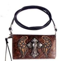 6 Wholesale Brown Cross With Wing Design Wallet Purse With Strap