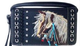 4 Wholesale Rhinestone Wallet Purse With Horse Embroidery Black