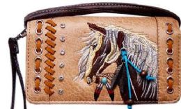 6 Wholesale Rhinestone Wallet Purse With Horse Embroidery Tan