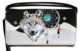 6 Wholesale Wallet Purse Long Strap Wolf With Dream Catcher Black