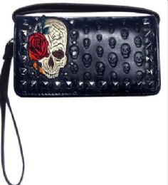 6 Pieces Embroidered Skull With Rose Studded Wallet Purse - Shoulder Bags & Messenger Bags