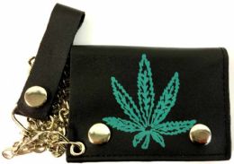 12 Wholesale Single Green Marijuana Leaf Leather Trifold Chain Wallet
