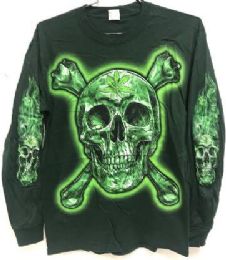 12 Wholesale Green T Shirt Skull And Bones With Leaf Long Sleeves