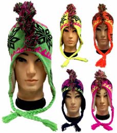 24 Wholesale Neon Knit Mohawk Winter Hats With Ear Flaps