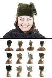 36 Pieces Acrylic Knit Hat With Knit Flower Accents - Fashion Winter Hats