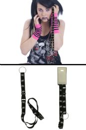 96 Wholesale Black Lanyard With White Skull And Cross And Detachable Split Ring Key Chain