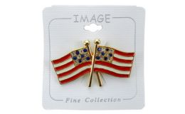 96 Bulk Double American Flag Pin With Rhinestones Representing The Stars