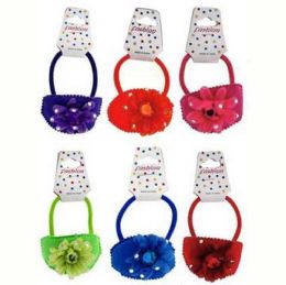 96 Pieces Childrens Pony With Assorted Color Fabric Flower - PonyTail Holders