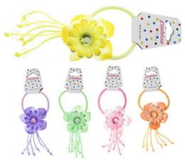 96 Pieces Childrens Pony With Assorted Color Fabric Flower - PonyTail Holders