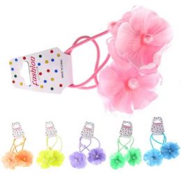 96 Pieces Childrens Pony Tail Holders With Assorted Color Fabric Flower - PonyTail Holders