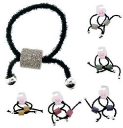 96 Pieces Childrens Pony Tail Holders Black Elastic With Assorted Color Beads - PonyTail Holders