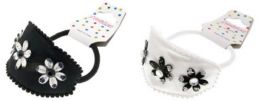 96 Pieces Childrens Pony Tail Holders Dressy Black And White With Fabric Flower - PonyTail Holders