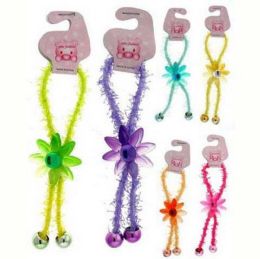96 Pieces Childrens Assorted Flower With Crystal Beads On A Pony Tail Holder - PonyTail Holders