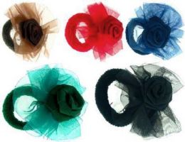 96 Pieces Childrens Assorted Color Net Rose On A Pony Tail Holder - PonyTail Holders