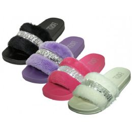 36 Wholesale Women's Faux Fur Upper With Rhinestone Top Slide Sandals
