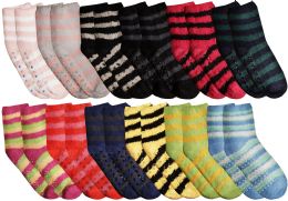 36 Wholesale Yacht & Smith Womens Cozy Warm Fuzzy Gripper Socks, Assorted Stripes