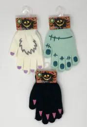 36 Wholesale Halloween Glow In Dark Youth Stretch Gloves Assorted