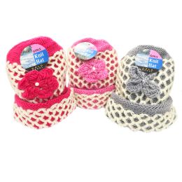 36 Pieces Girls Heavy Knit Hat With Flower Applique - Junior / Kids Winter Hats