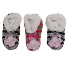 36 Wholesale Girls Snuggle Feet Chenille Striped Slipper With Sherpa Lining