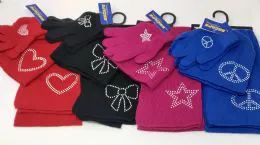 12 Wholesale Girls 3 Piece Embellished Set Scarf Gloves And Hat