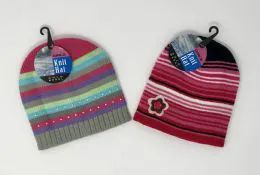 24 Pieces Girls Striped Hat With Applique Assorted - Junior / Kids Winter Hats