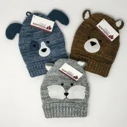 12 Pieces Boys Cuffed Knit Critter Hats Assorted - Junior / Kids Winter Hats