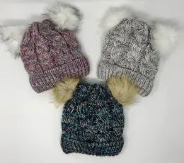 24 Pieces Girls Chunky Knit Cuffed Hat With Fur Poms - Junior / Kids Winter Hats
