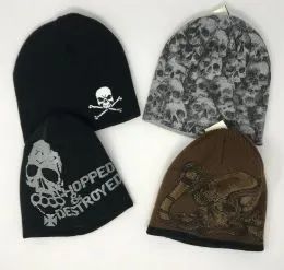 24 Wholesale Skull Print Knit Beanie Cap Assorted Designs