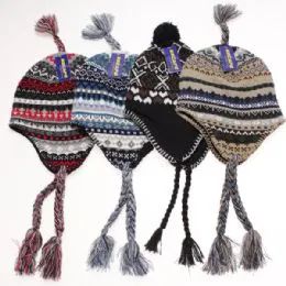 24 Pieces Unisex Fleece Lined Helmet Hat With Tassle Jaquard Assorted - Fashion Winter Hats