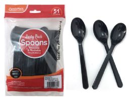 72 Wholesale Plastic Spoon 51 Piece Pack Black Color
