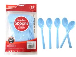 72 Wholesale Plastic Spoon 51 Piece Pack Baby Blue Color