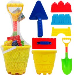 9 Wholesale 7" Beach Bucket W/ 7pc Acss In Pegable Net Bag, 2 Assrt