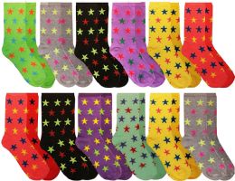 12 Wholesale Womens Casual Crew Socks, Cotton Colorful Fun Patterns, Women Patterned Dress Sock Stars Print Size 9-11
