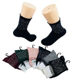 36 Bulk Ladies Fashion Socks [rolled Top Rhinestones]