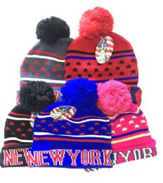 36 Pieces New York Winter Fresh Design Pom Cuffed Beanie Skull Cap In Assorted Color - Winter Beanie Hats