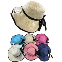 12 Pieces Ladies Woven Hat [black Trim/black Bow] - Sun Hats