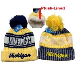 48 Wholesale Plush Lined Knit Hat With Pompom Script Michigan