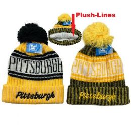 48 Wholesale Plush Lined Knit Hat With Pompom Script Pittsburgh
