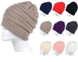 36 Wholesale Womens High Messy Bun Beanie Hat With Ponytail Hole, Winter Warm Trendy Knit Ski Skull Cap Assorted Color