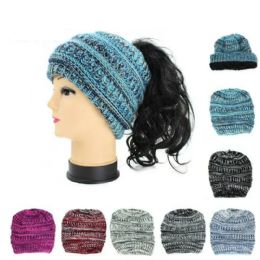 72 Wholesale Womens High Messy Bun Beanie Hat With Ponytail Hole, Winter Warm Trendy Knit Ski Skull Cap Assorted Color