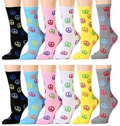 12 of Yacht & Smith Women's Thin Cotton Assorted Colors Peace Printed Crew Socks